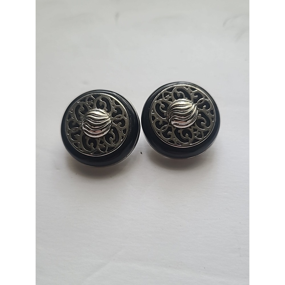 Vtg Silvertone And Black Earrings Clip on Button Filigree
